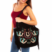 Scully Women's Fringe Suede Handbag Embroidered Tote in black - women's bag