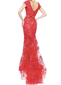 Sherri Hill - Laced Cap-Sleeves Prom Dress
