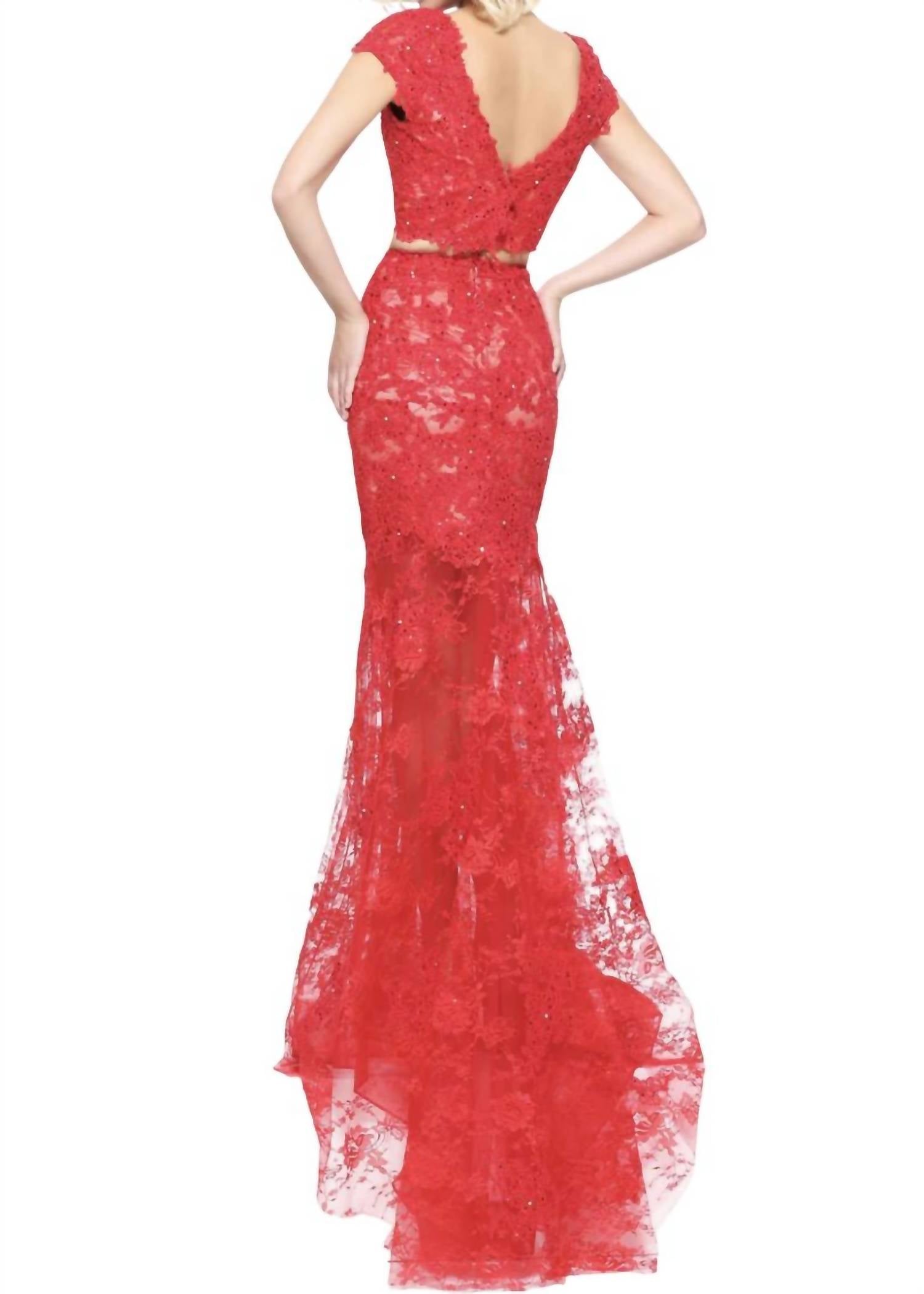Sherri Hill - Laced Cap-Sleeves Prom Dress