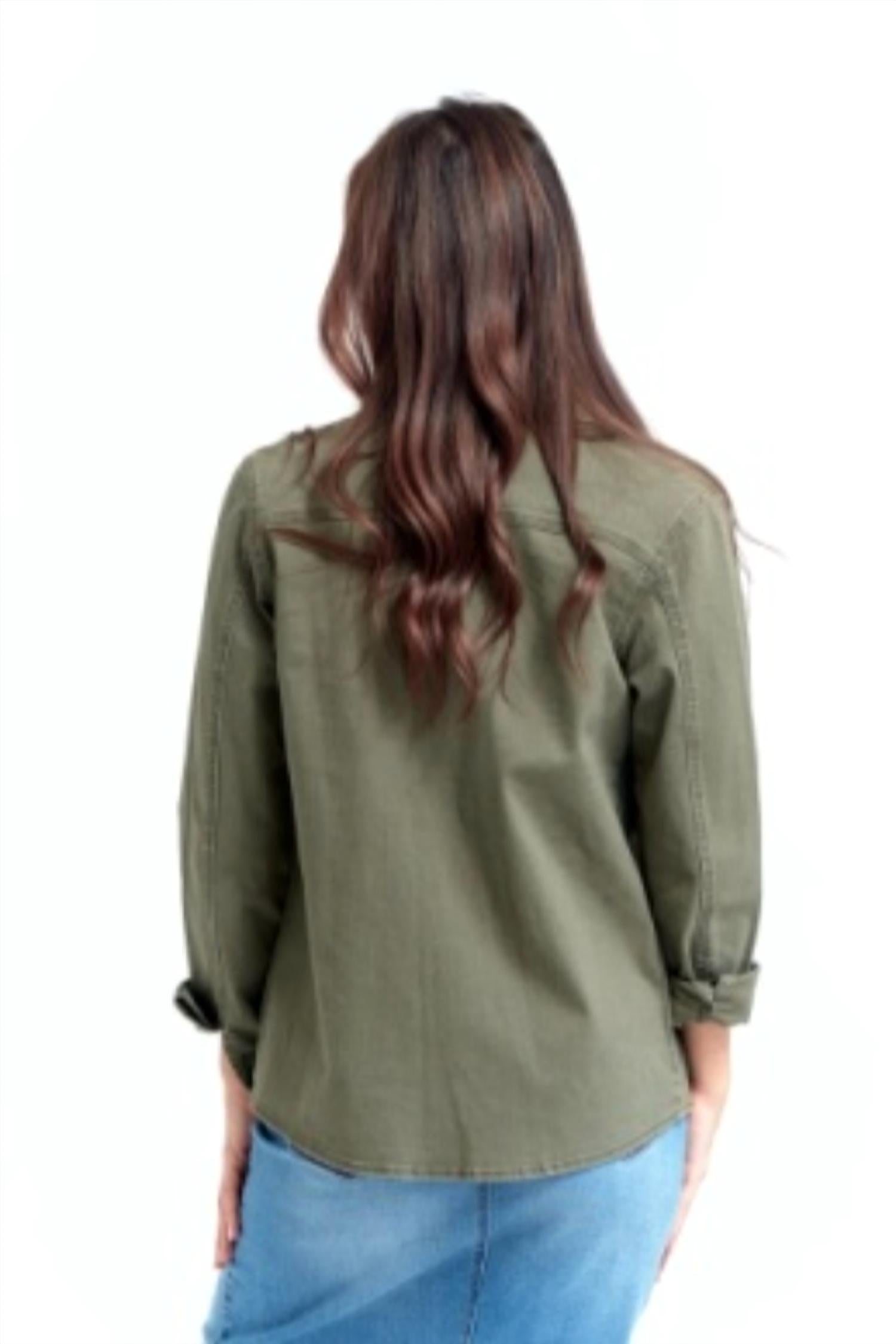 1822 Denim Women's Stretch Utility Jacket in green - women's jacket - detail view