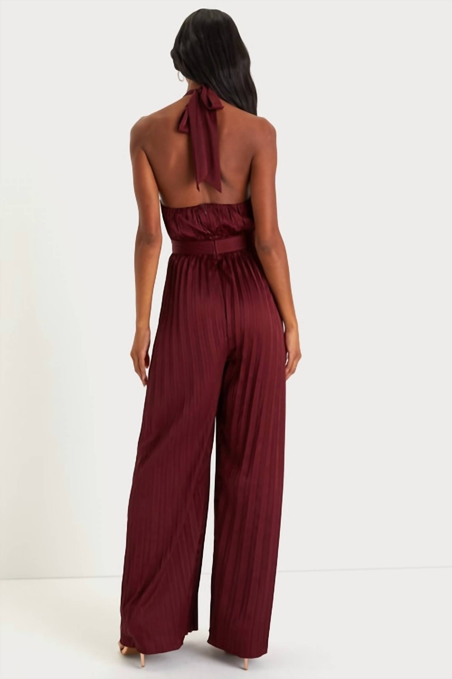 Lulus Women's Confident Impression Satin Pleated Halter Jumpsuit in burgundy - women's pants - detail view