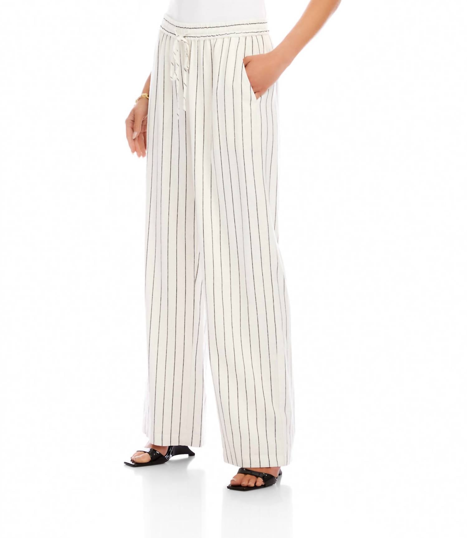 Karen Kane Linen Blend Stripe Drawstring Pants in cream and black - women's pants - detail view