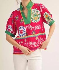 Jodifl - Solid Trim Vibrant Print Top