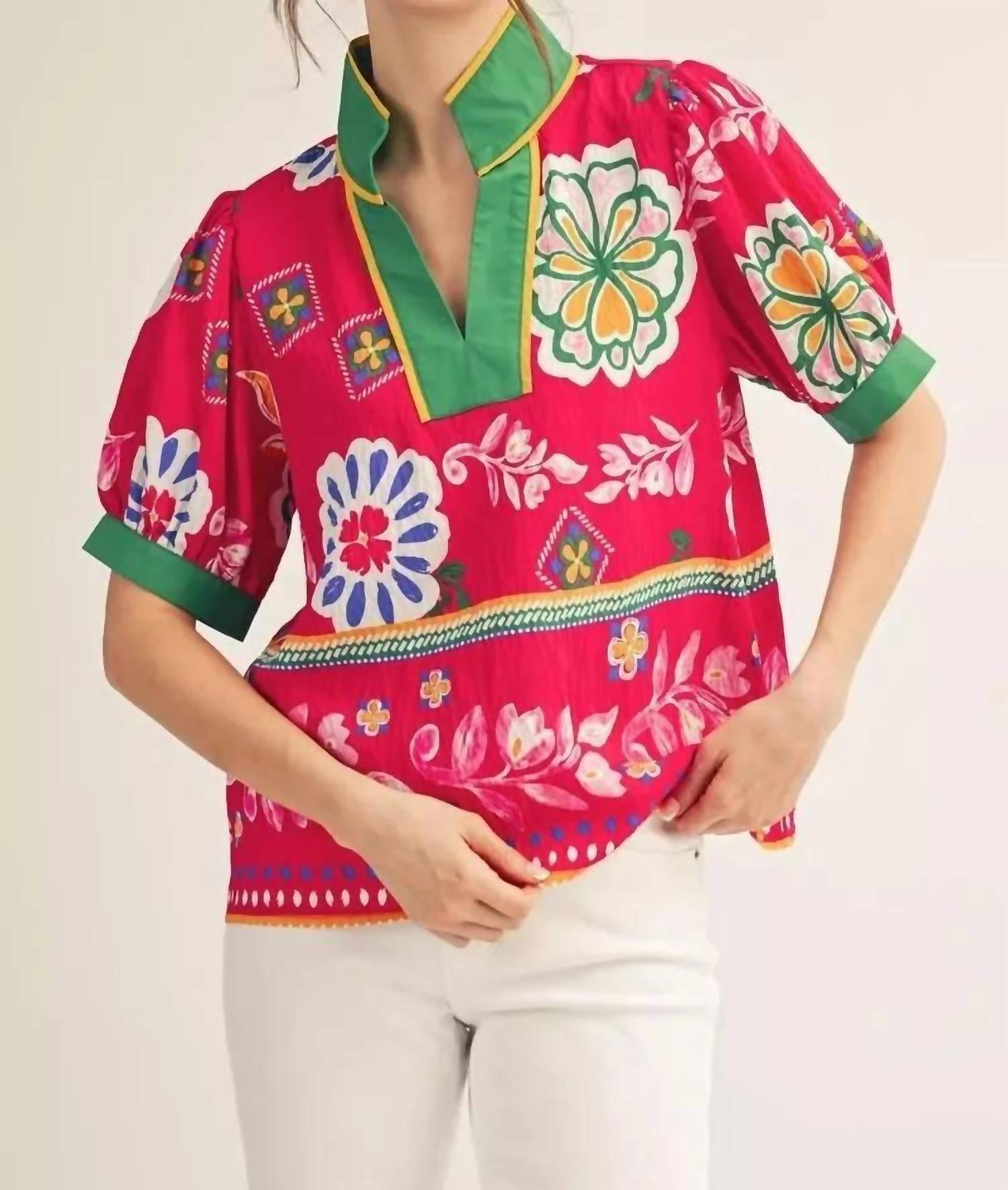 Jodifl - Solid Trim Vibrant Print Top