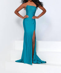 Johnathan Kayne Refined Asymmetrical Neck Gown in teal - women's dress