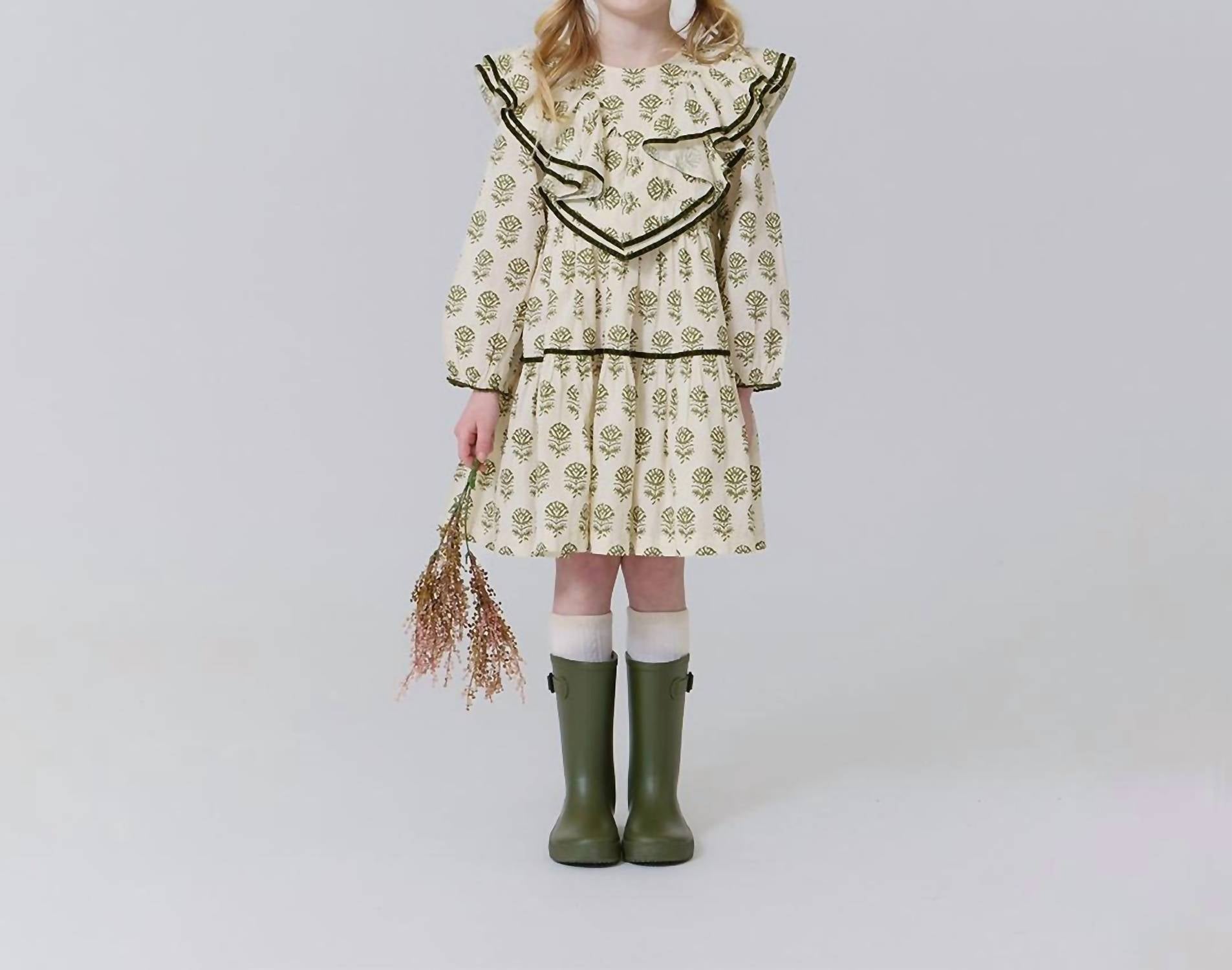 PINK CHICKEN Raphaela Ruffle Dress in olive rose floral - kids' dress