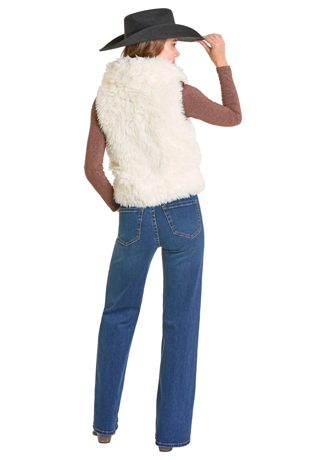Rock & Roll Denim Faux Fur Vest in eggshell - women's jacket - alternate view