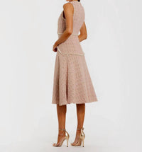 MAC DUGGAL Boucle Sleeveless Button Up Midi Dress in blush gold - women's dress - detail view