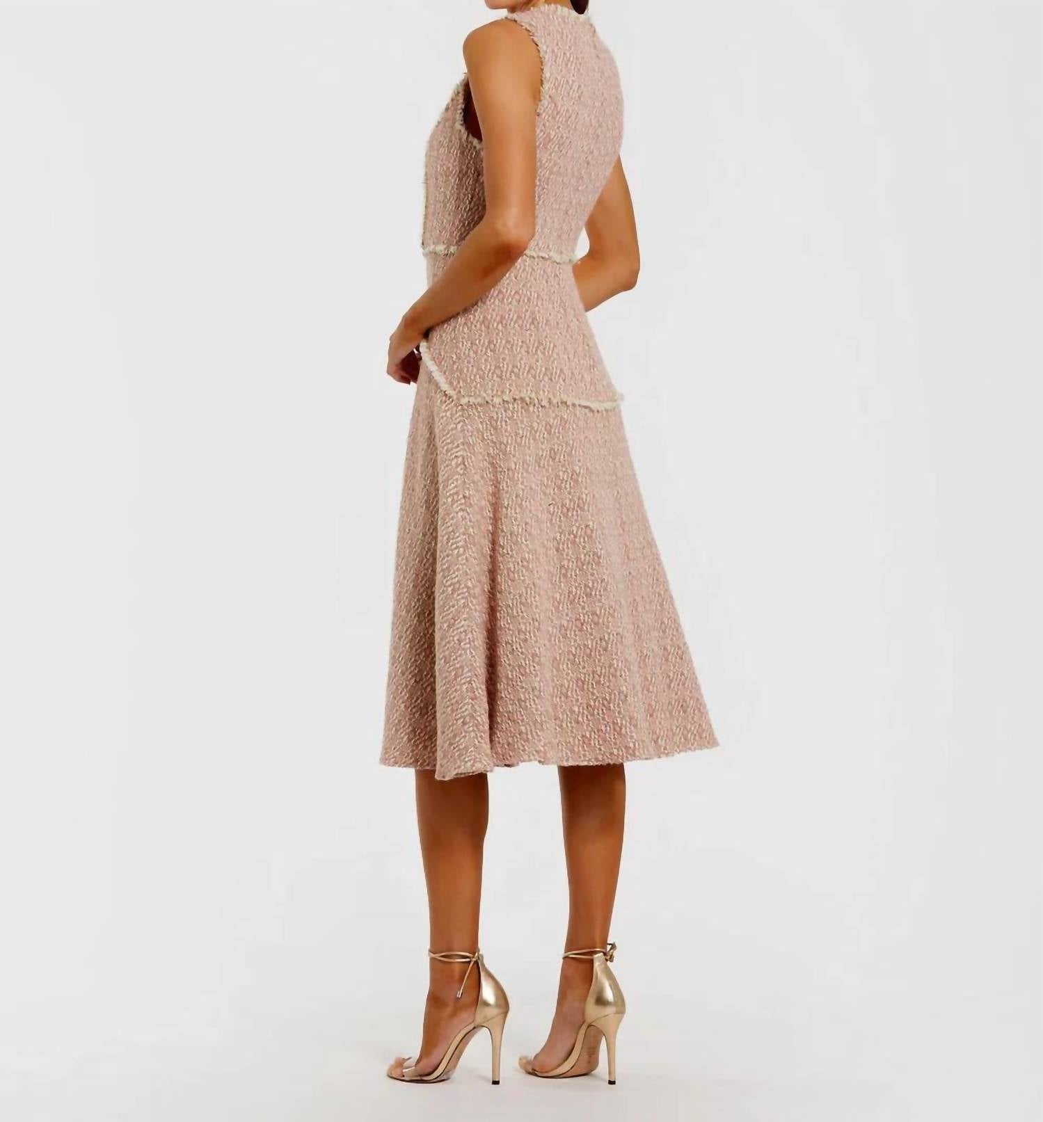 MAC DUGGAL Boucle Sleeveless Button Up Midi Dress in blush gold - women's dress - detail view