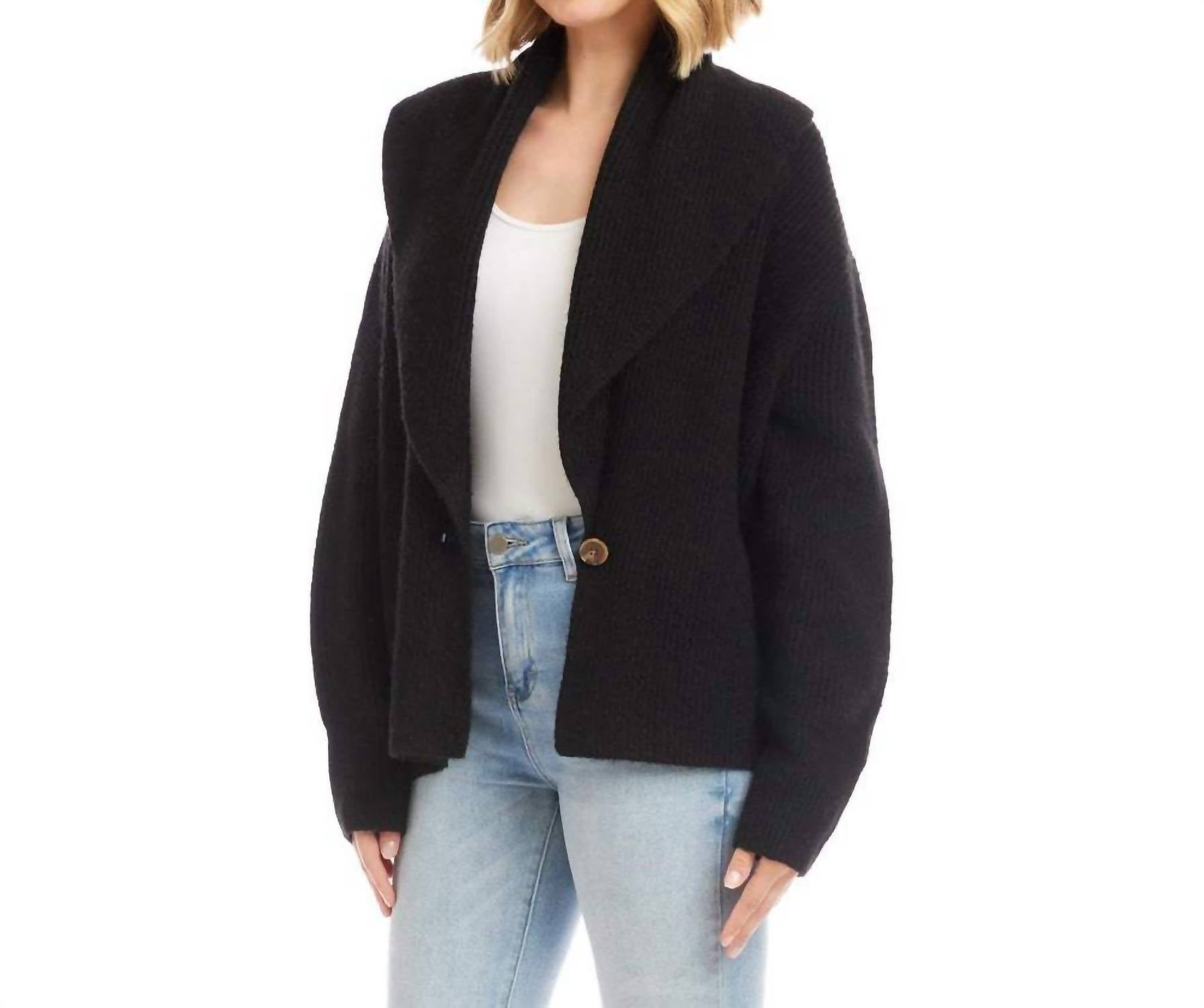 Karen Kane Shawl Collar Cardigan Sweater in black - women's cardigan - detail view