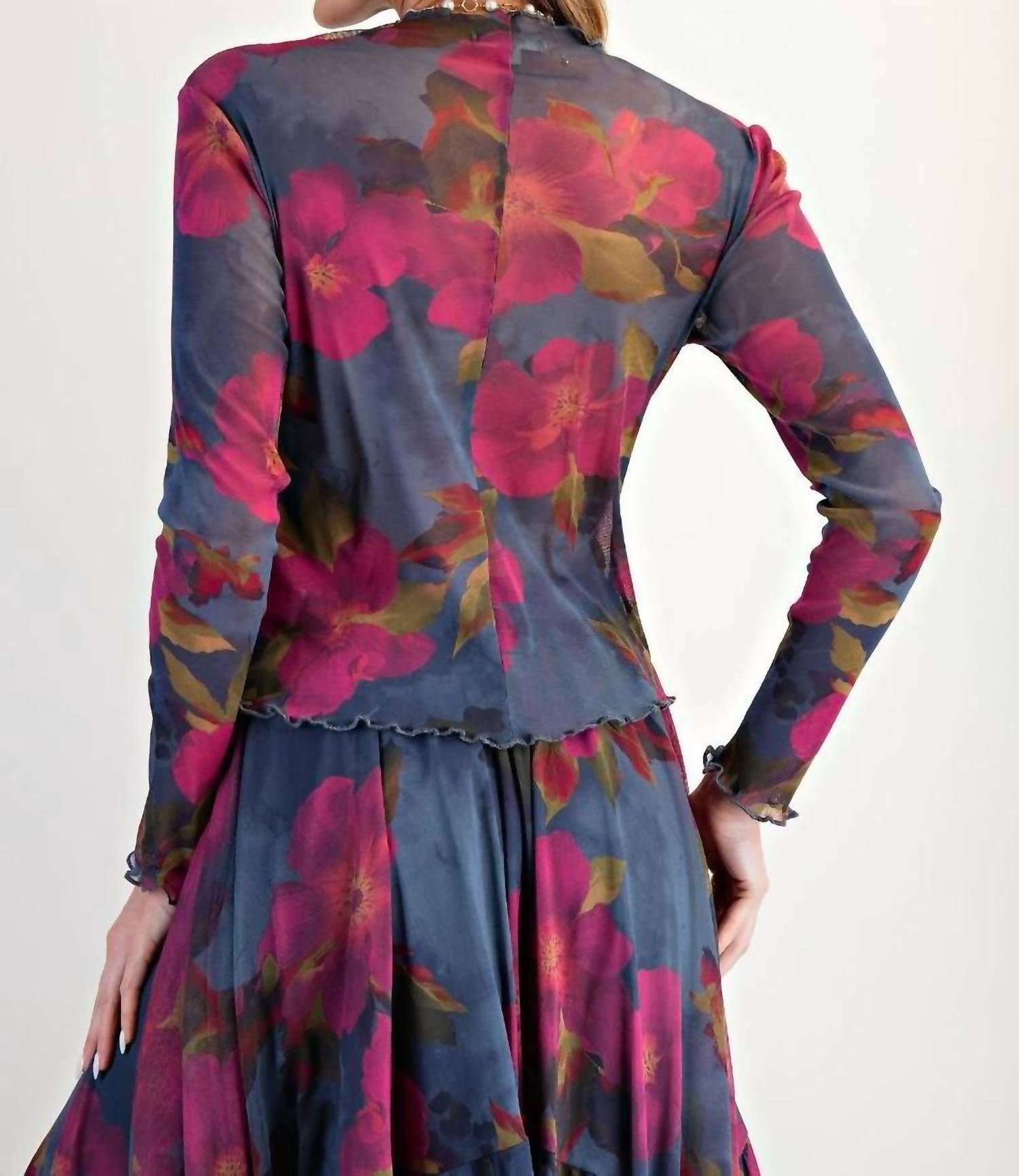 Easel Floral Mesh Fitted Top in indigo magenta - women's long sleeve top - detail view