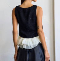 lalavon Sorrelle Sparkle Tweed Tank with Ruffle Detail in black - women's tank top - detail view