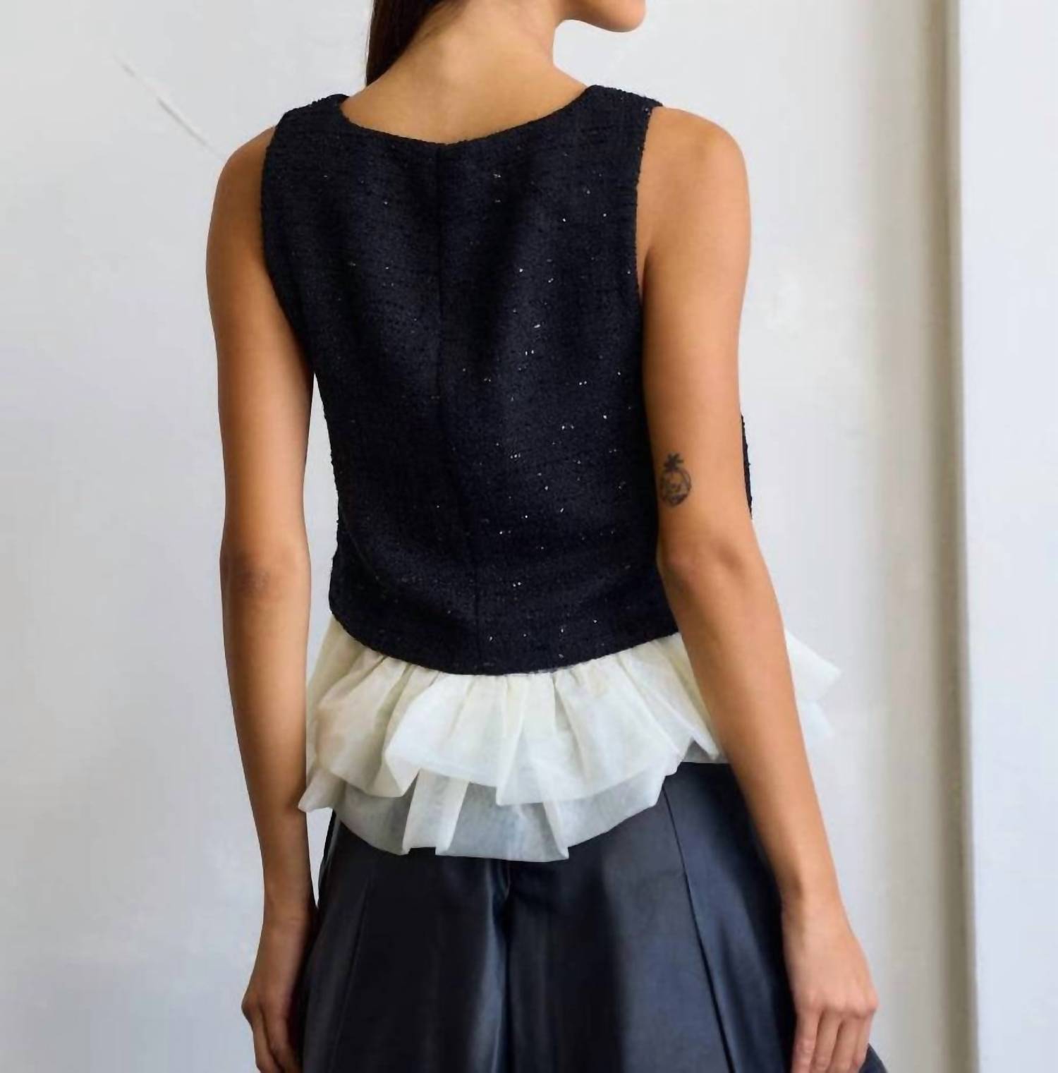 lalavon Sorrelle Sparkle Tweed Tank with Ruffle Detail in black - women's tank top - detail view