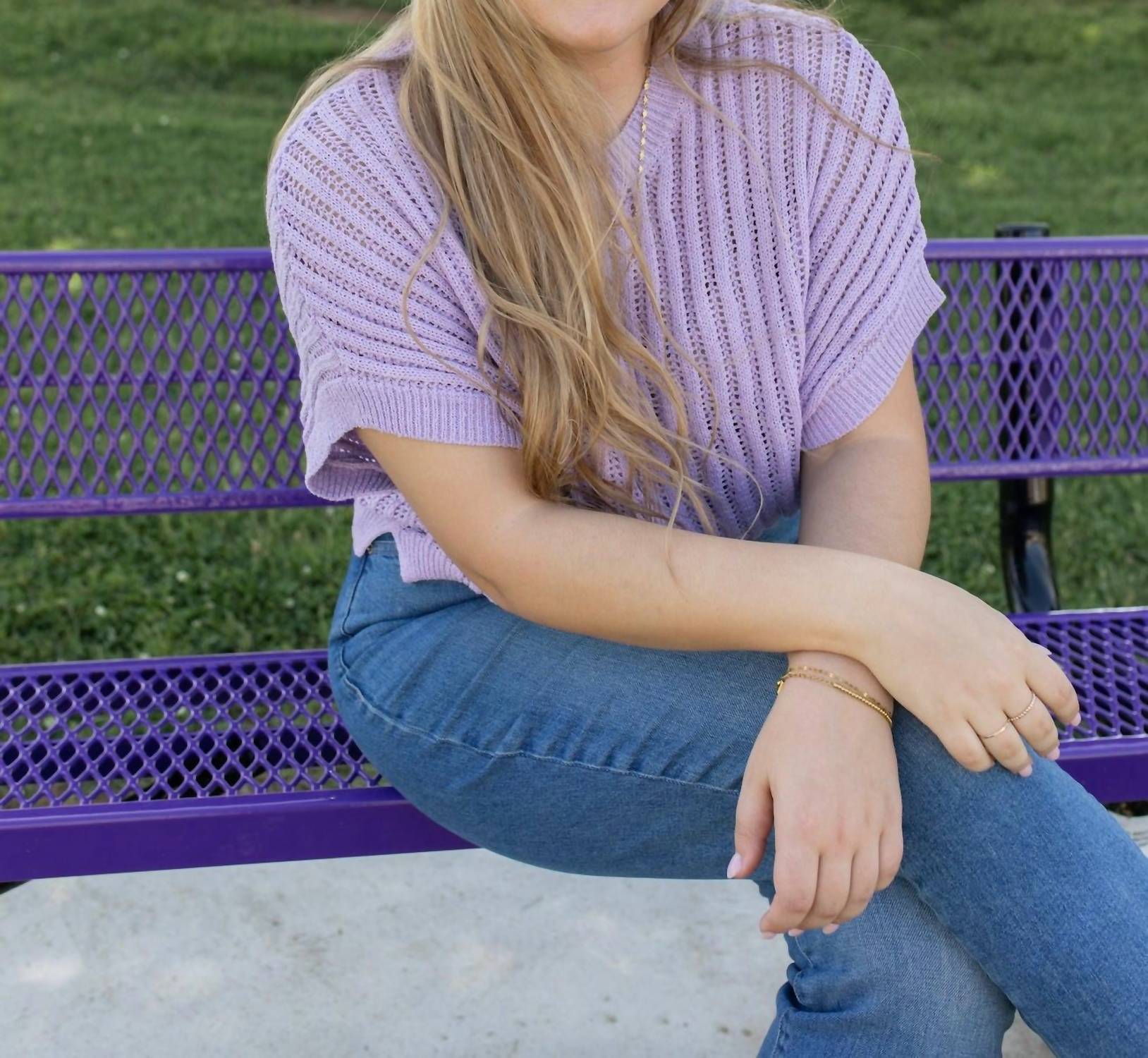 ee:some Dreams Knit Short Sleeve Top in lavender - women's blouse - detail view