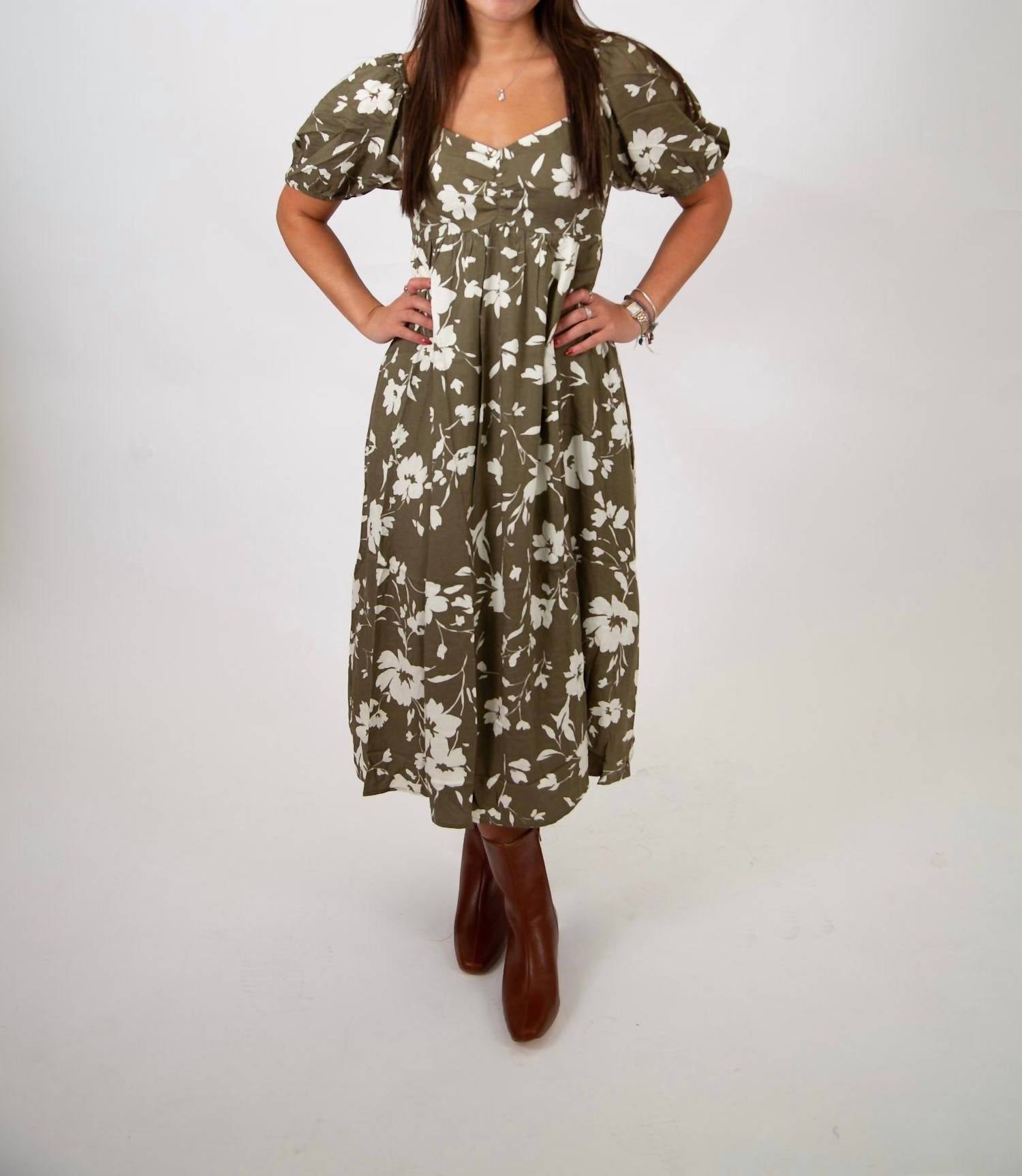 In February - Floral Sweetheart Neck Midi Dress