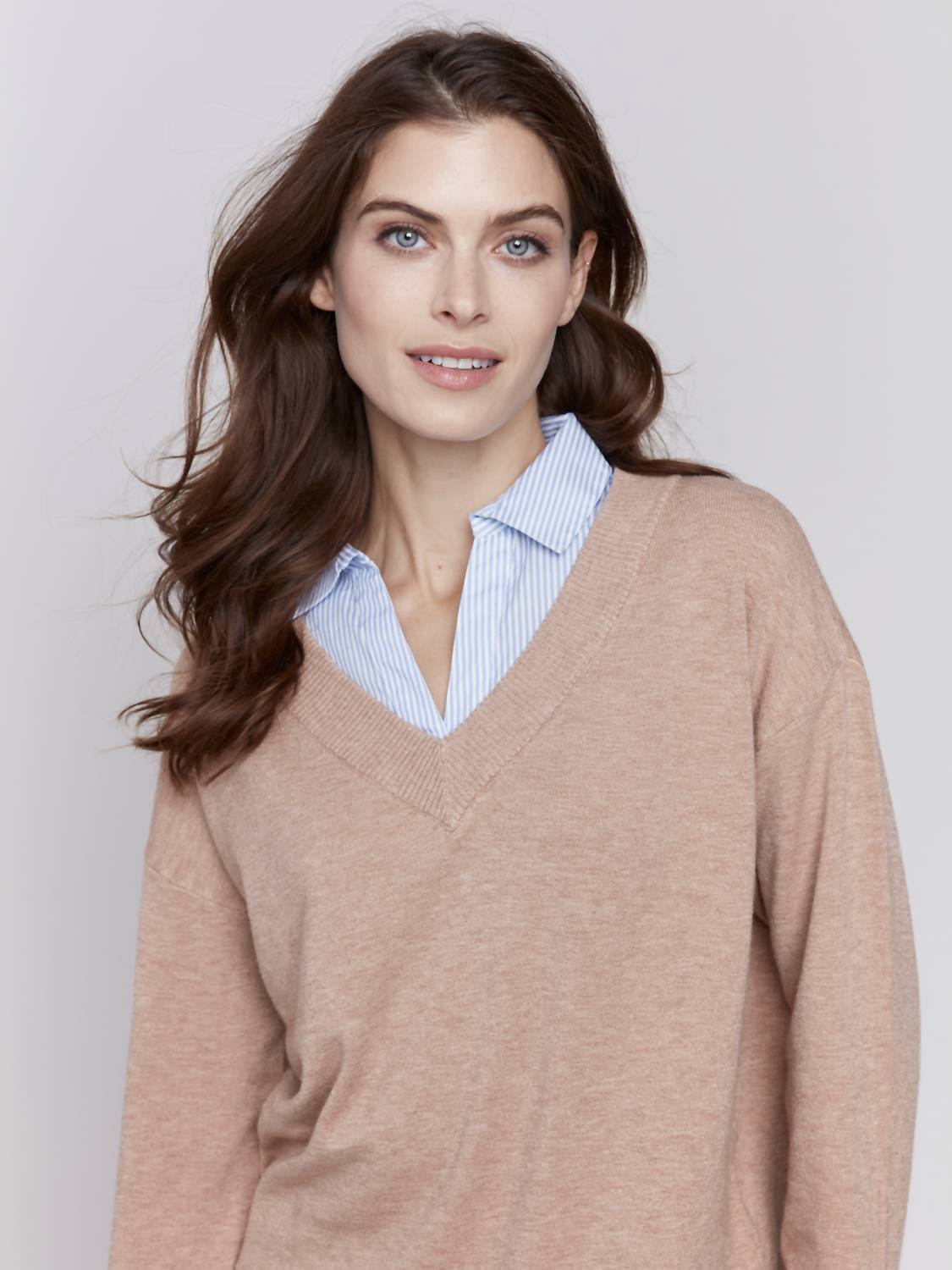 Charlie B - Knit Fooler Sweater With Banker Stripe Shirt Hem