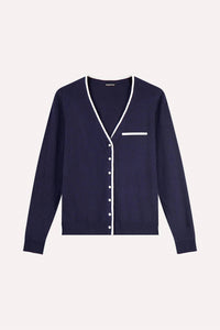 Minnie Rose V Neck Long Sleeve Cardigan With Tipping in navy - women's cardigan - detail view