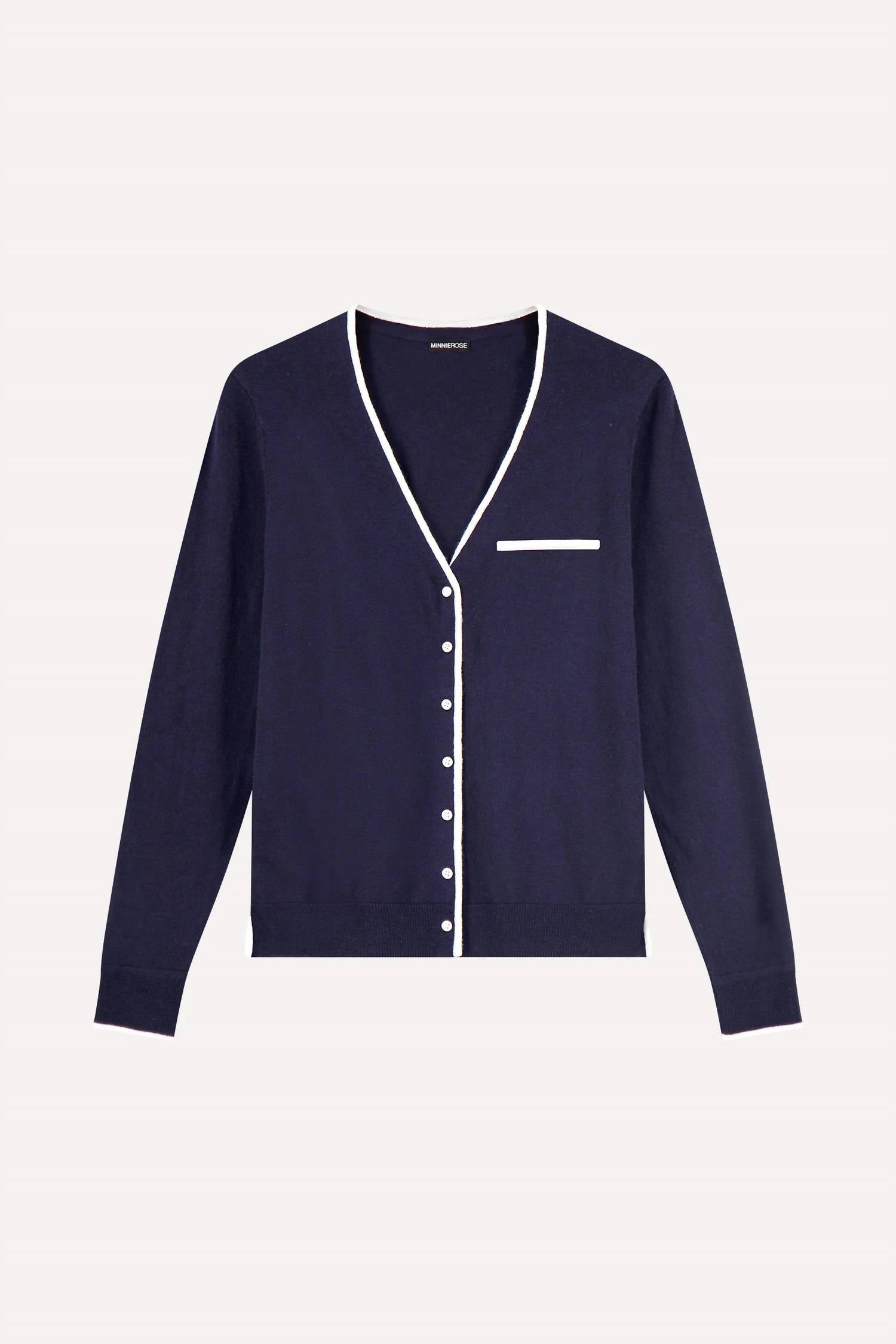 Minnie Rose V Neck Long Sleeve Cardigan With Tipping in navy - women's cardigan - detail view