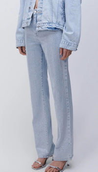 SIMKHAI Liam High Rise Straight Leg Jeans in indigo - women's jeans - detail view