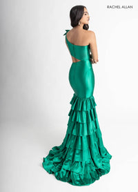 Rachel Allan One Shoulder Fitted Satin Prom Dress in emerald - women's dress - alternate view