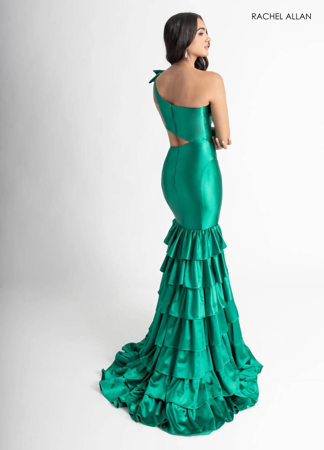 Rachel Allan One Shoulder Fitted Satin Prom Dress in emerald - women's dress - alternate view