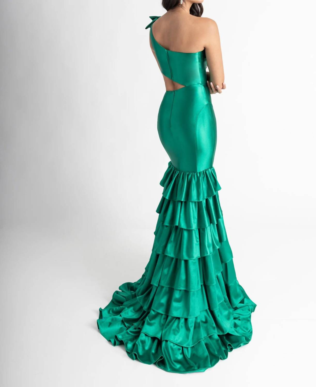 Rachel Allan One Shoulder Fitted Satin Prom Dress in emerald - women's dress - detail view