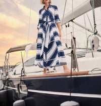 Joseph Ribkoff Cotton Stripe Print Fit and Flare Dress with Sash in navy white - women's dress - view 6