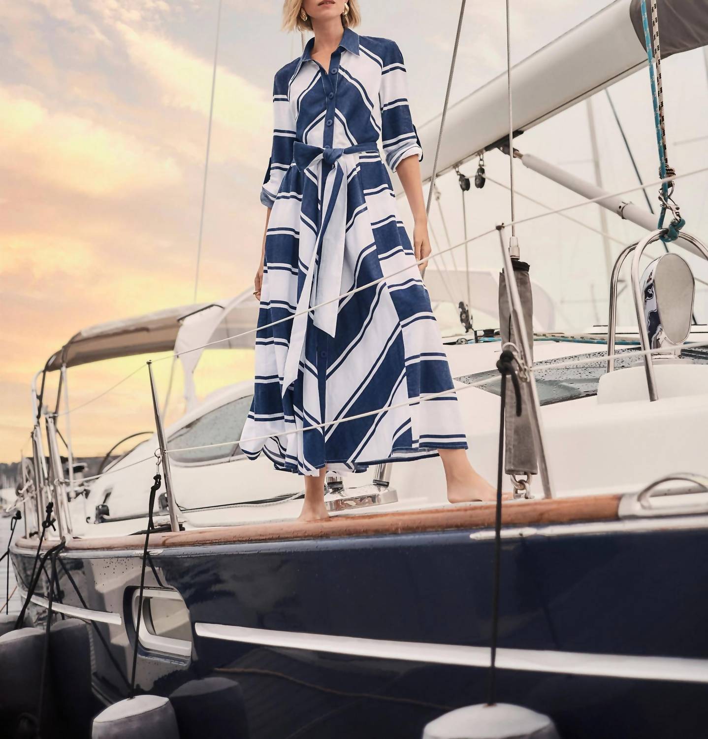 Joseph Ribkoff Cotton Stripe Print Fit and Flare Dress with Sash in navy white - women's dress - view 6