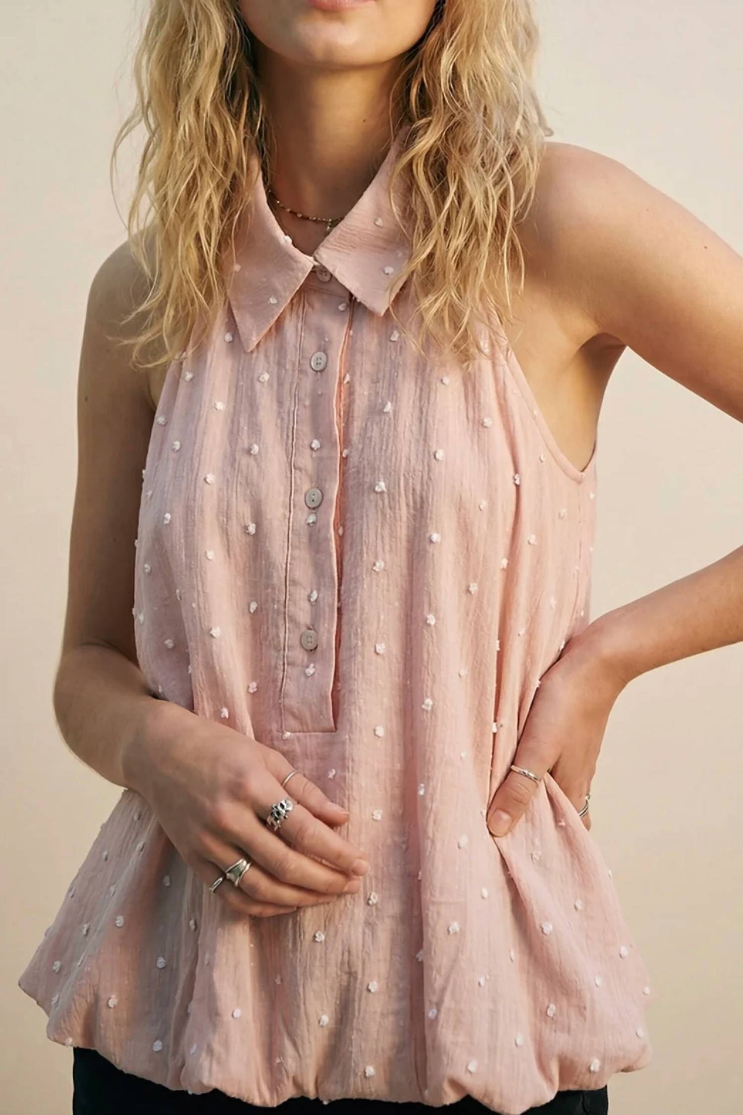 Q2 - Swiss Dot Sheer Sleeveless Blouse