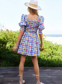 DAVI & DANI Smocked Checker Fruits Print Mini Dress in multi - women's dress - alternate view