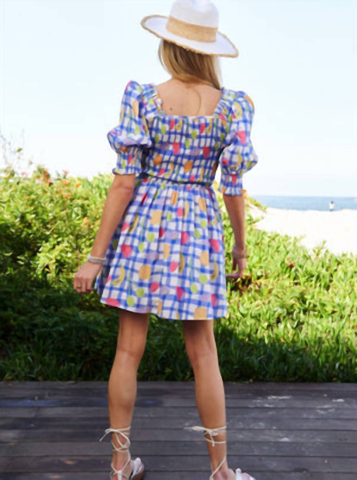 DAVI & DANI Smocked Checker Fruits Print Mini Dress in multi - women's dress - alternate view