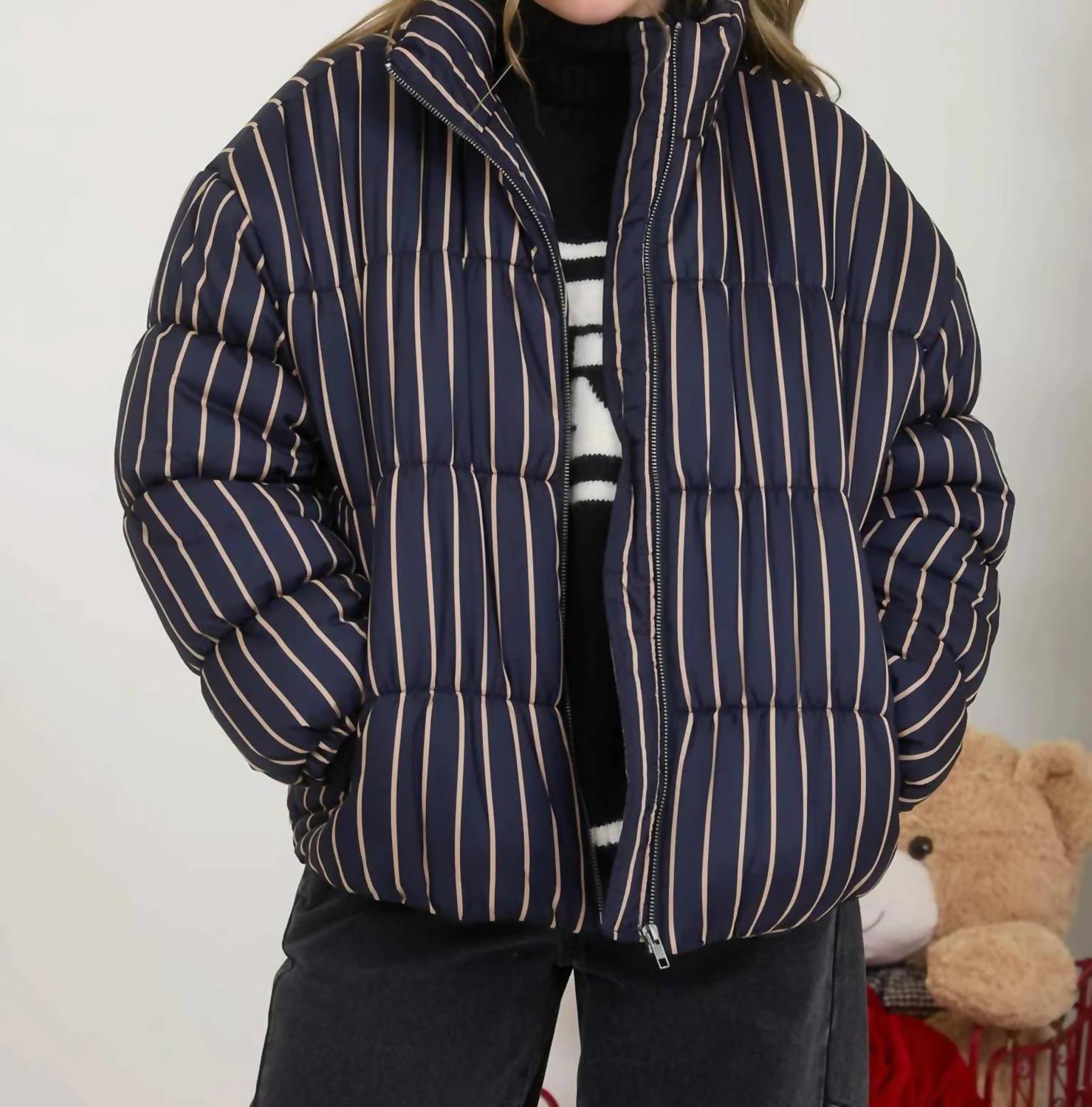 Blu Pepper - Women's Striped High Neck Puffer Jacket