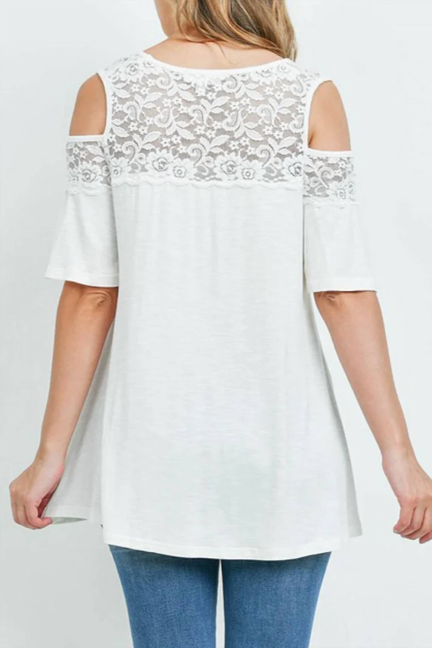 Hopely - Women's Lace Contrast Cutout Shoulder Loose Top