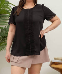 Perch By Blu Pepper - Short Sleeve Lace Trim Pleated Top - Plus