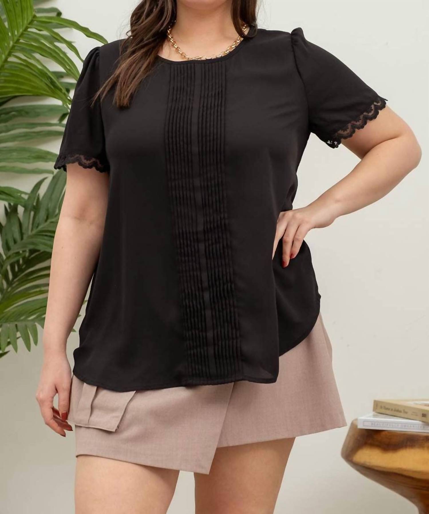 Perch By Blu Pepper - Short Sleeve Lace Trim Pleated Top - Plus