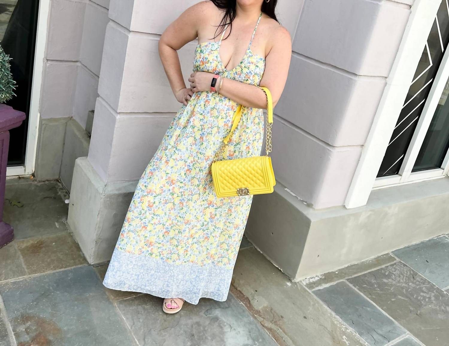 Mittoshop - Flower Border Print Ruching Detail Maxi Dress