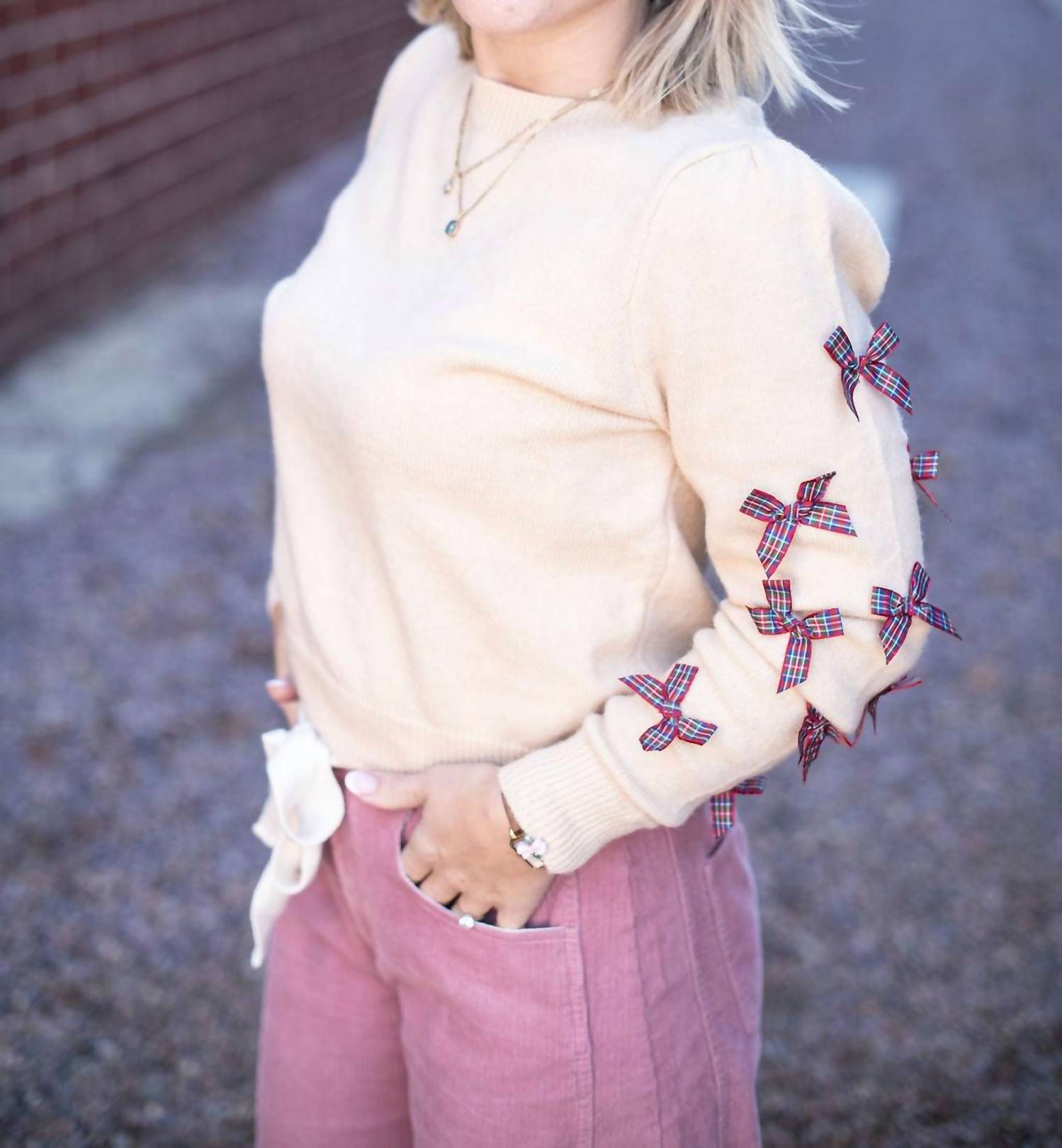 So Me Women's Plaid Bow Sleeve Sweater in oatmeal - women's sweater