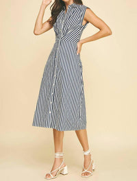PINCH Women's Striped Button Down Midi Dress in navy white - women's dress - view 5