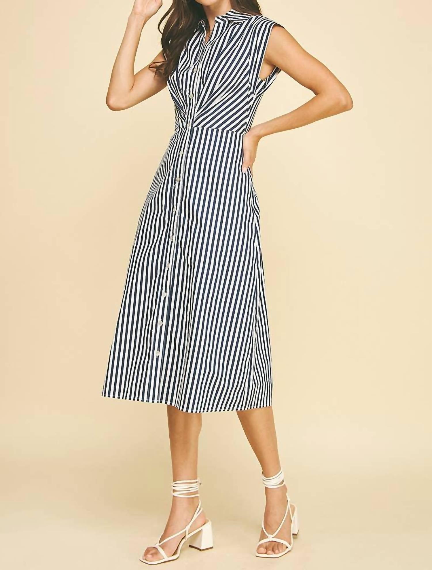 PINCH Women's Striped Button Down Midi Dress in navy white - women's dress - view 5
