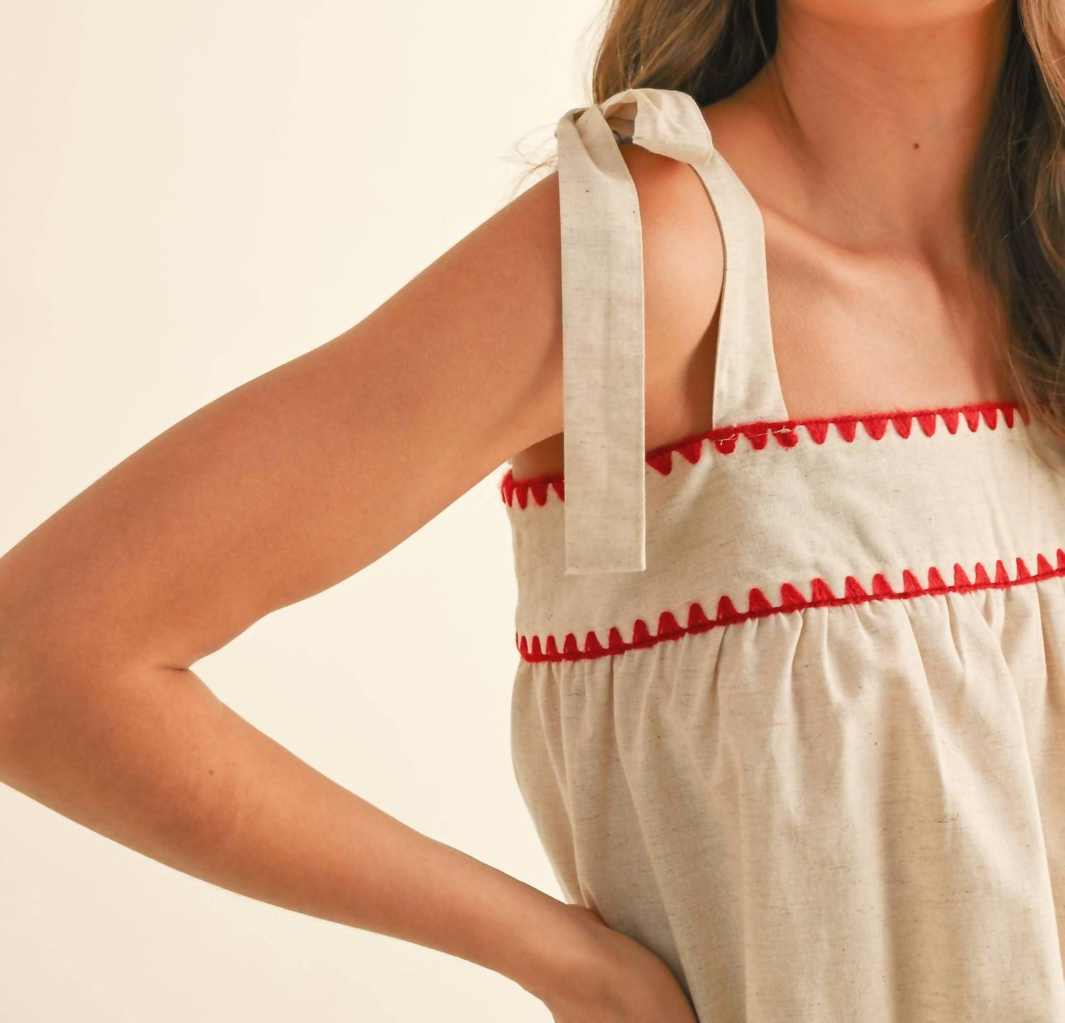 Miou Muse - Linen Tape Detailed Tie Sleeve Top