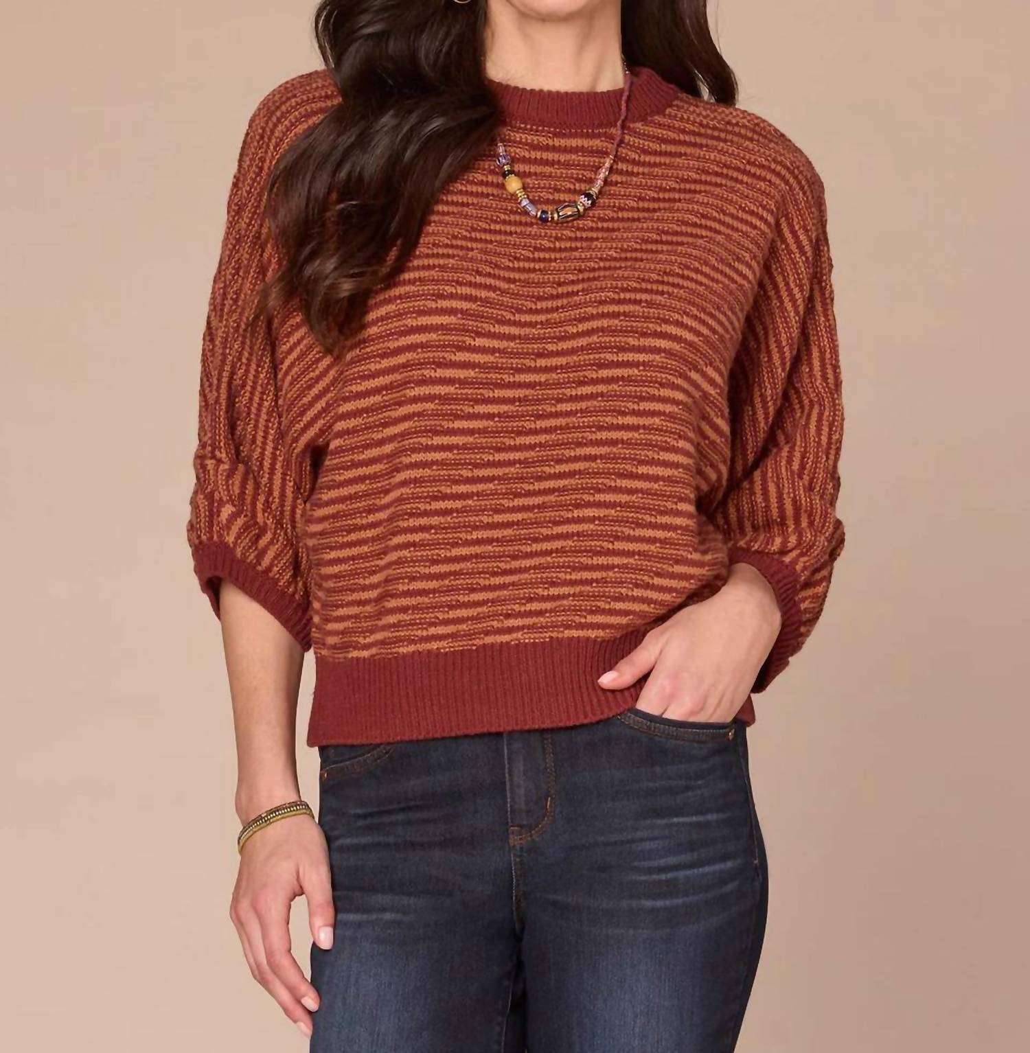 Democracy - 3/4 Dolman Sleeve Banded Hem Bias Stitch Sweater