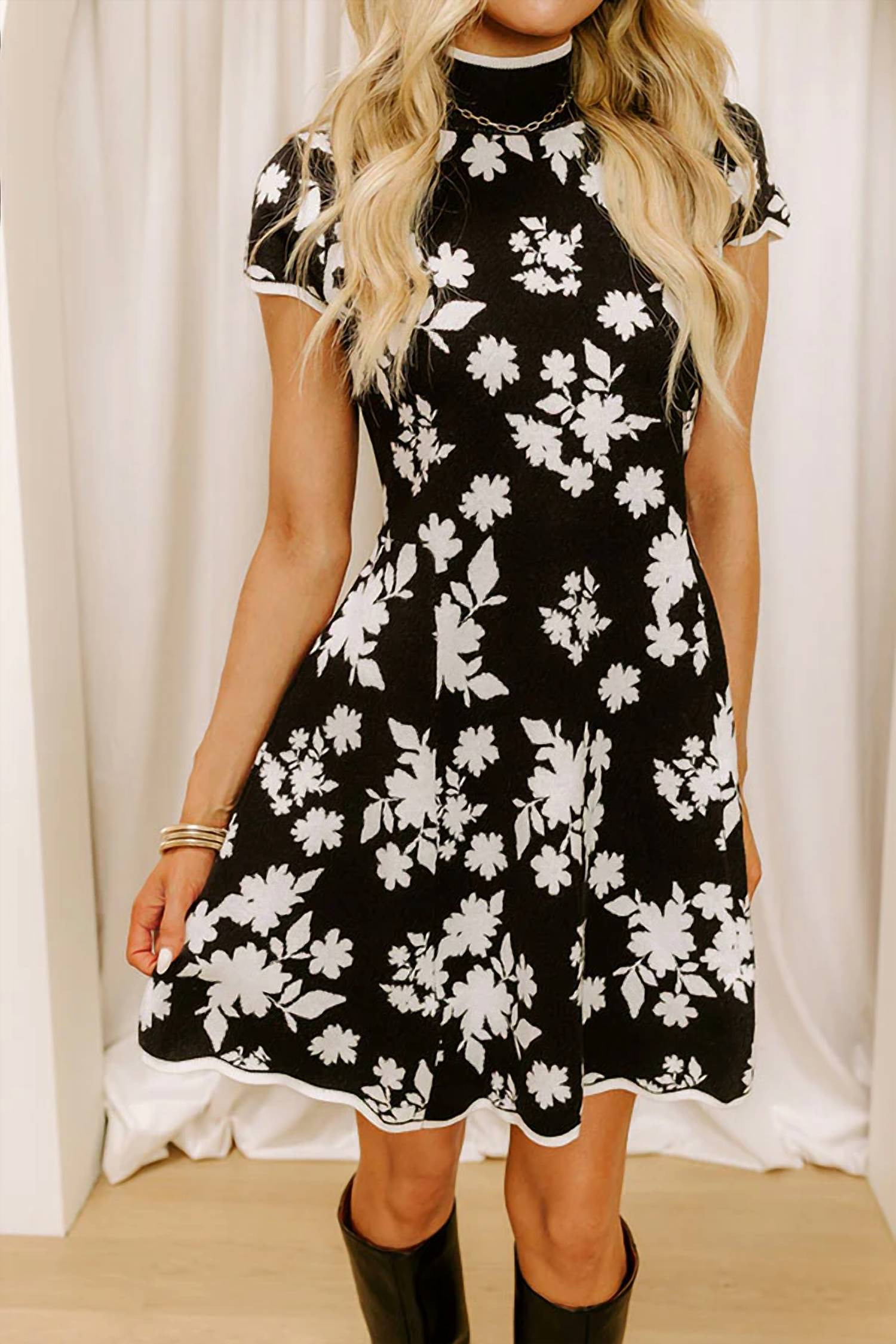Fate - Floral Jacquard Knit Scalloped Edge Sweater Dress