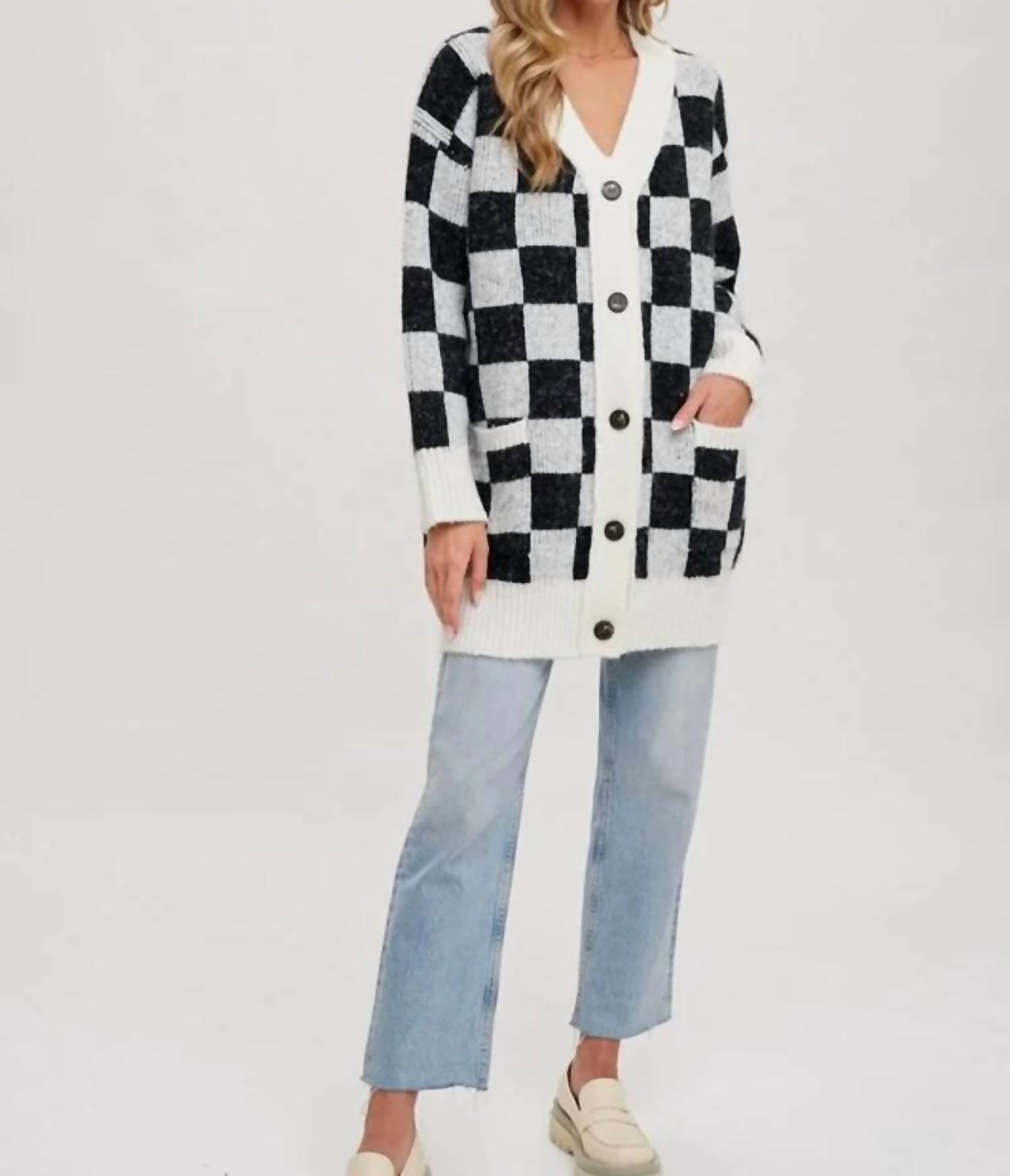 BluIvy Checkered Sweater Cardigan in ivory black - women's cardigan