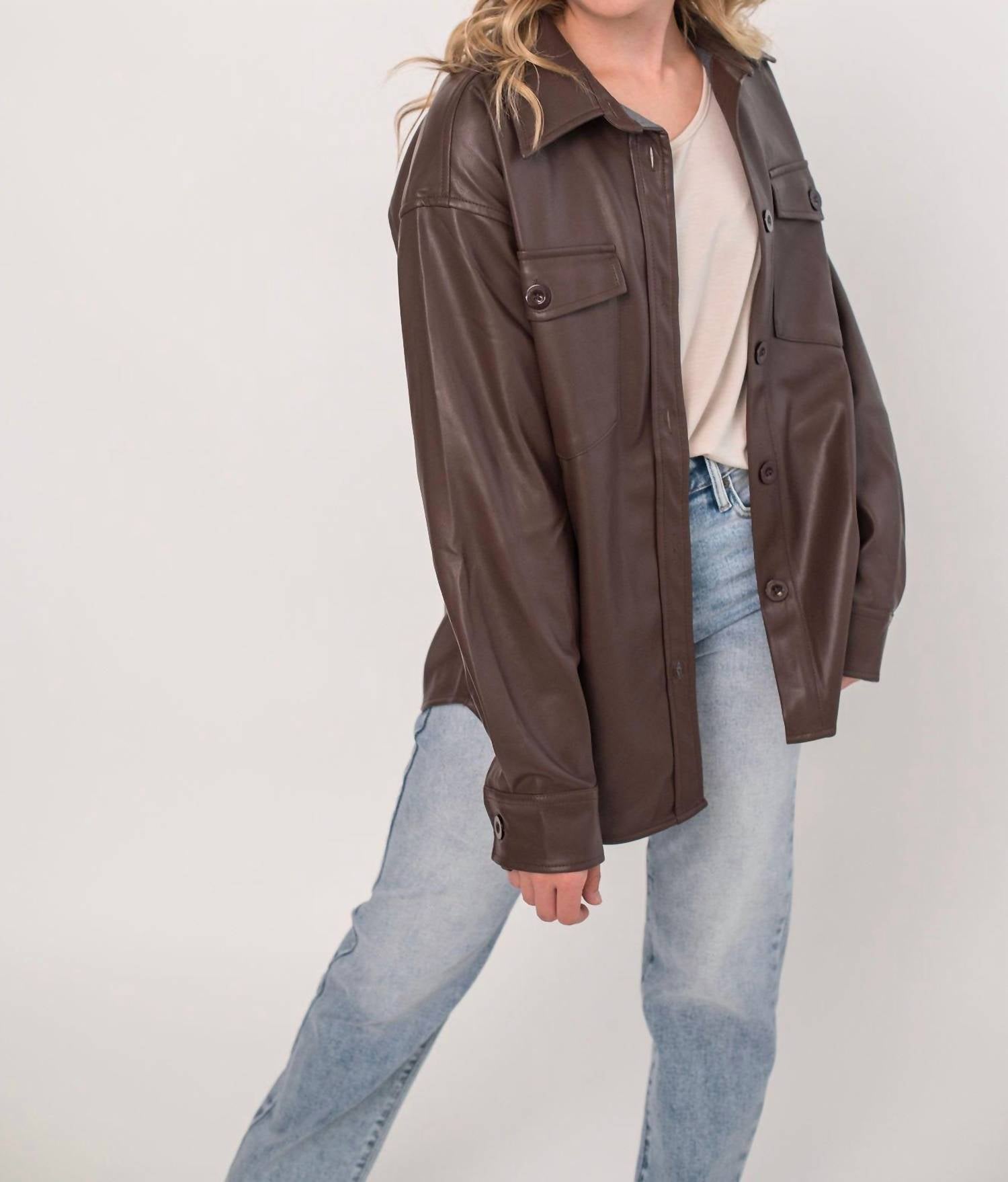 Allie Rose - Soft Pleather Button Front Shacket