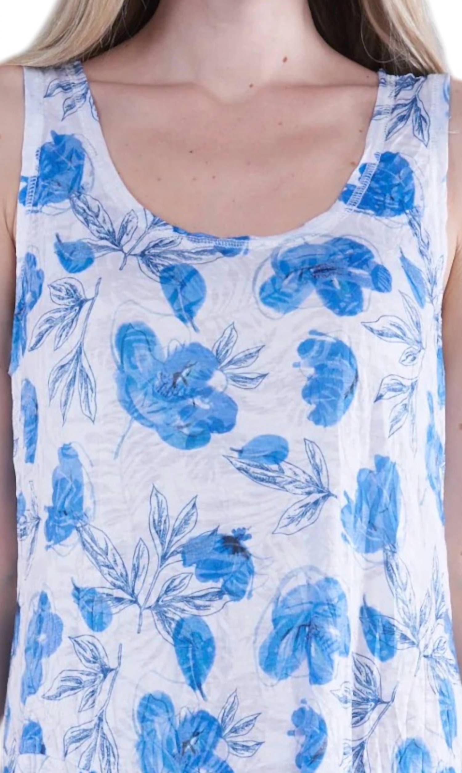 Shana Apparel - Floral Print Long Crinkle Tank Dress With Ties