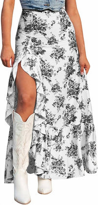 Rosa Clothing Ruffle High Silt Maxi Skirt in black floral - women's skirt