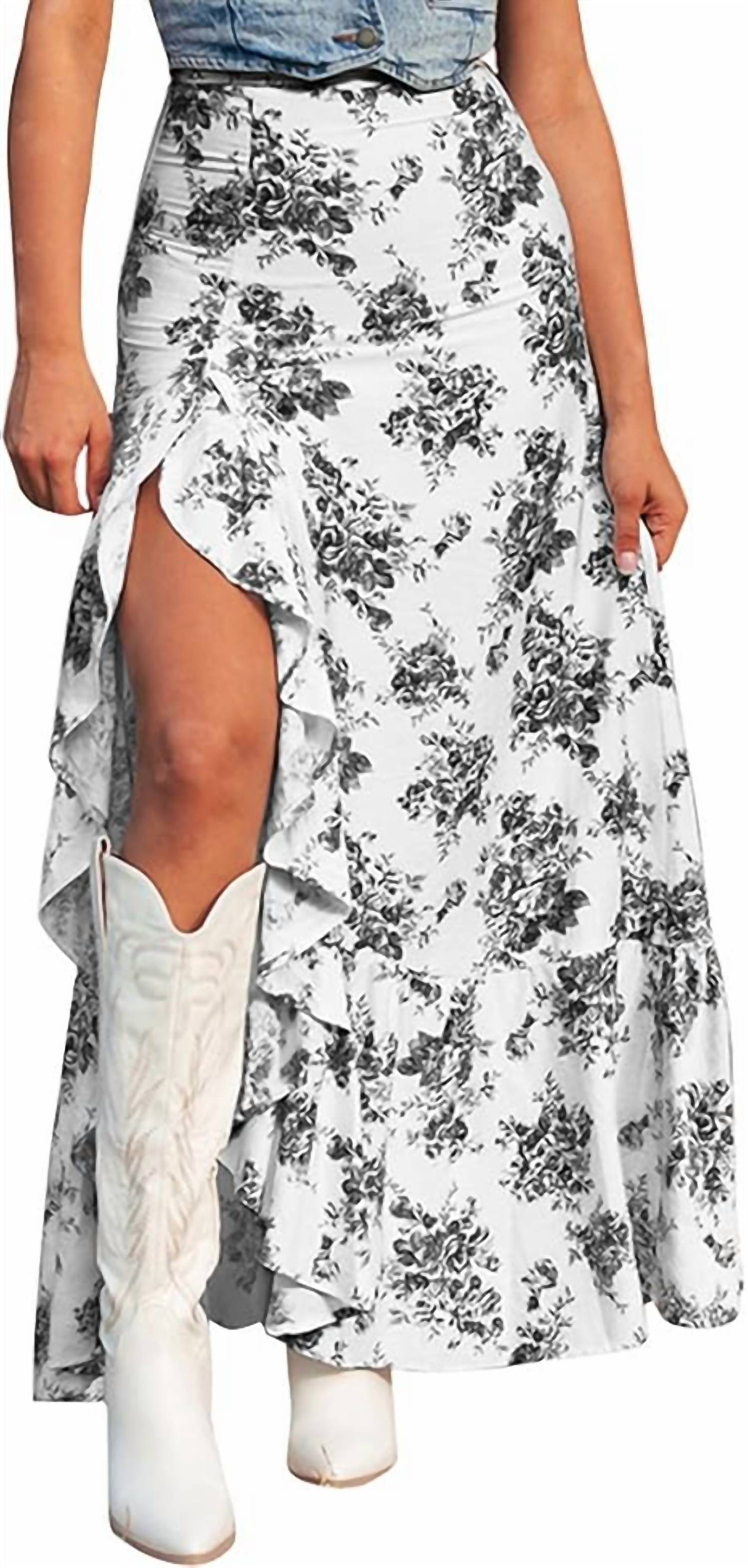 Rosa Clothing Ruffle High Silt Maxi Skirt in black floral - women's skirt