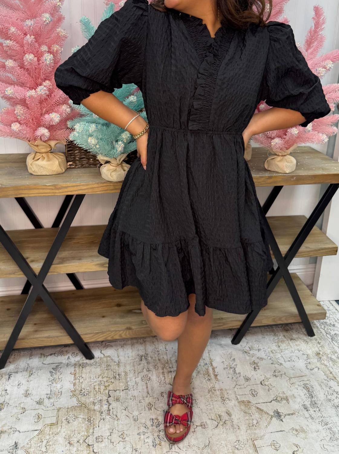 Umgee - Ruffled Trim Textured Baby Doll Dress