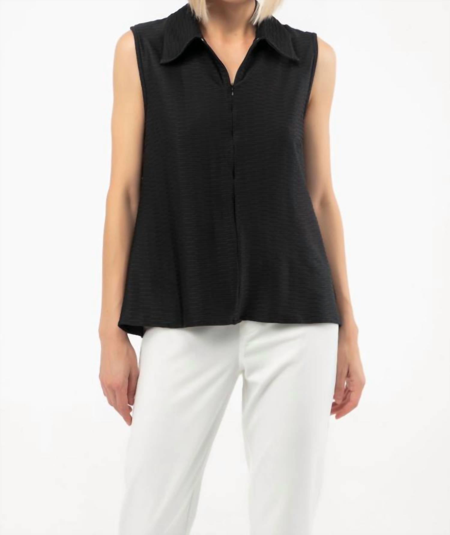 ISLE by Melis Kozan Maris Textured V-neck Zip Tank in black - women's tank top