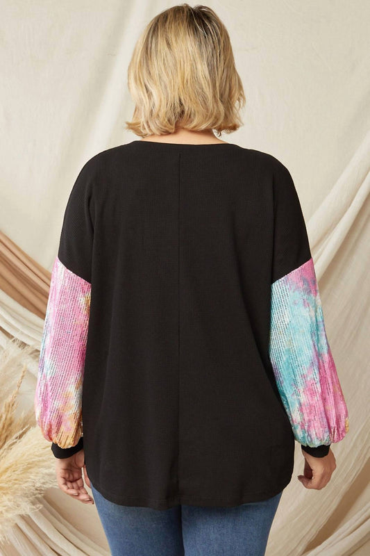 Entro - Solid Waffle Top With Sequin Sleeves - Plus